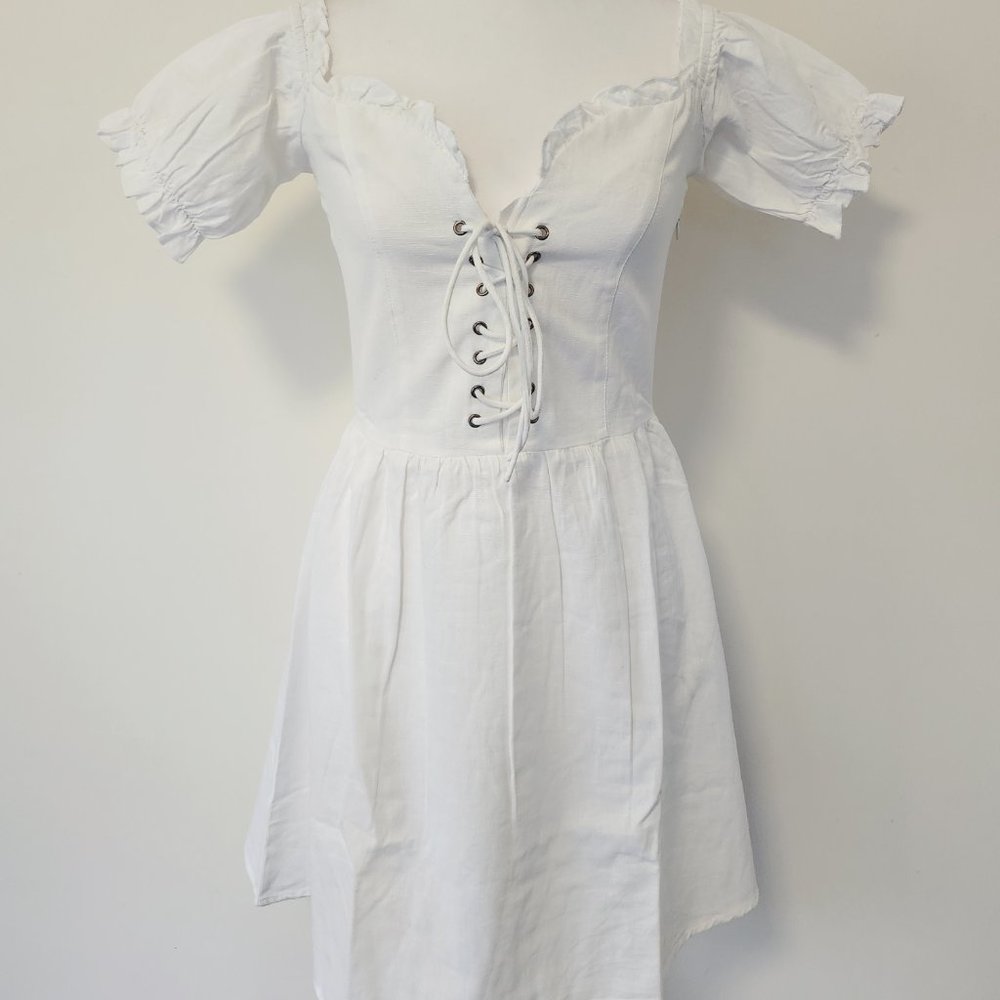 White Puff Sleeve Lace Up Milkmaid Puff Sleeve Sweetheart Skater Dress Cotton - Picture 5 of 15